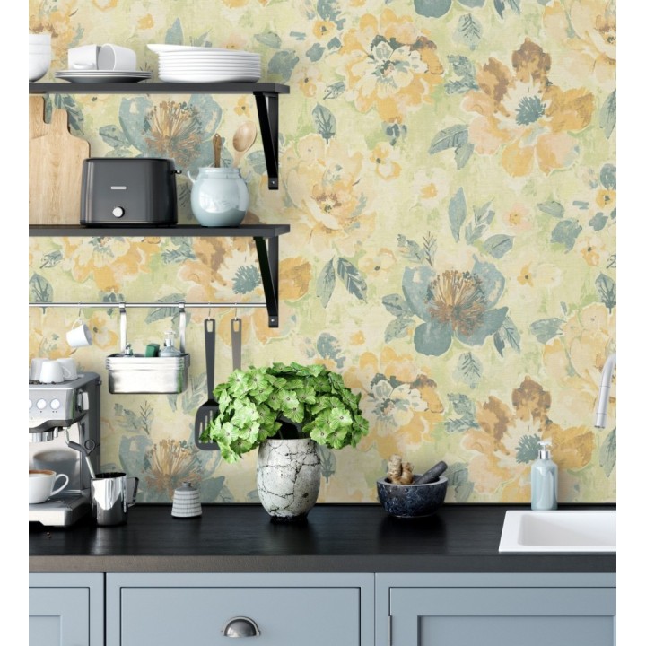 Papel pintado vintage romántico peonías color pastel fondo verde - Sofia Murmur 684668