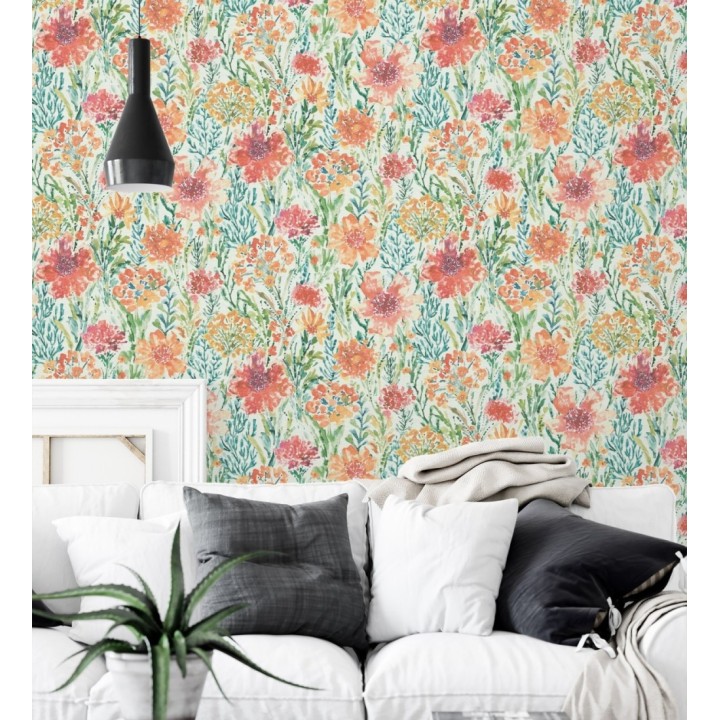 Papel pintado flores silvestres naranja y coral - Bellerose Atellier 684669
