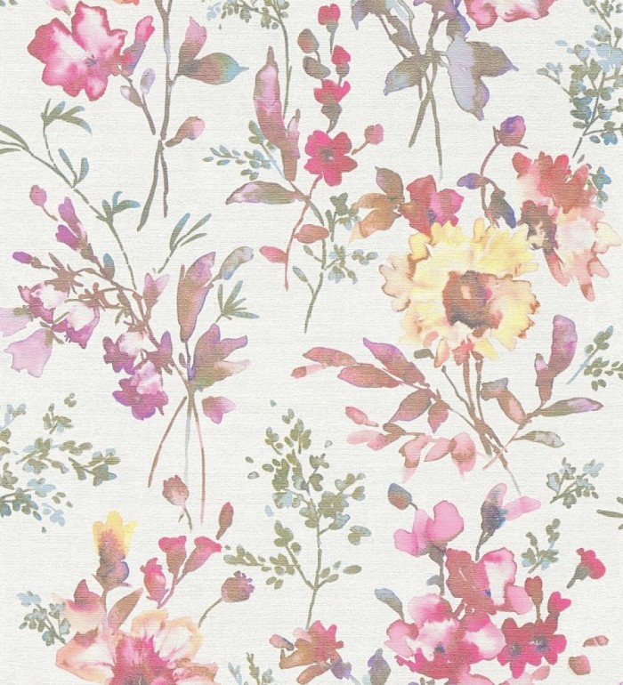 Papel pintado flores silvestres acuarela efecto textil fondo blanco - Galla Vintage 684672