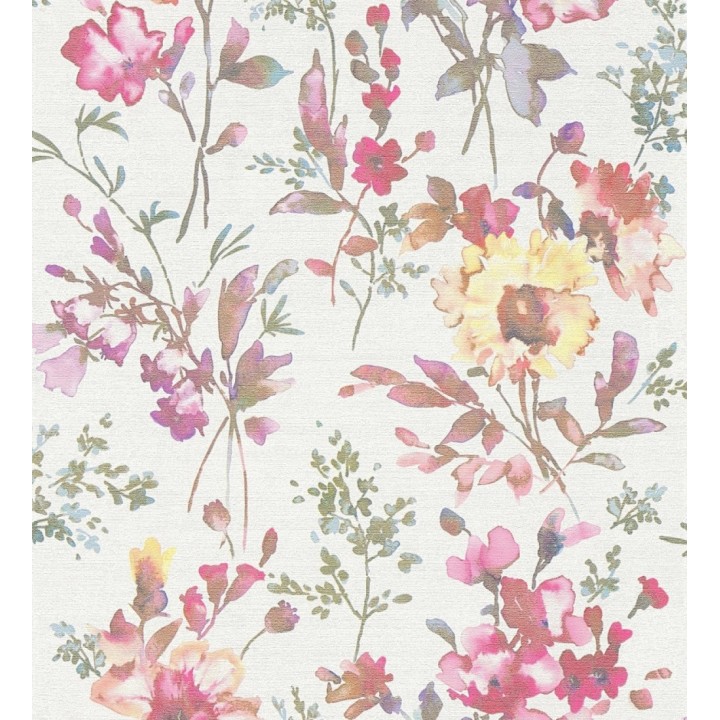 Papel pintado flores silvestres acuarela efecto textil fondo blanco - Galla Vintage 684672