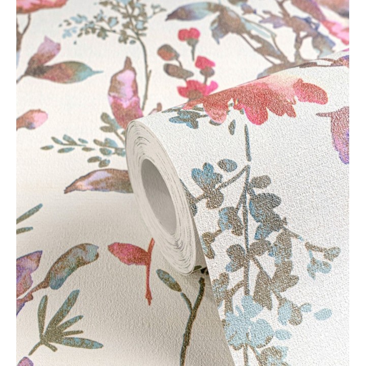 Papel pintado flores silvestres acuarela efecto textil fondo blanco - Galla Vintage 684672