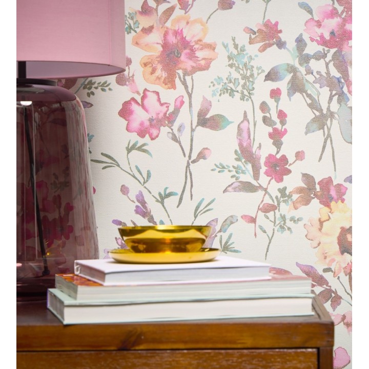 Papel pintado flores silvestres acuarela efecto textil fondo blanco - Galla Vintage 684672