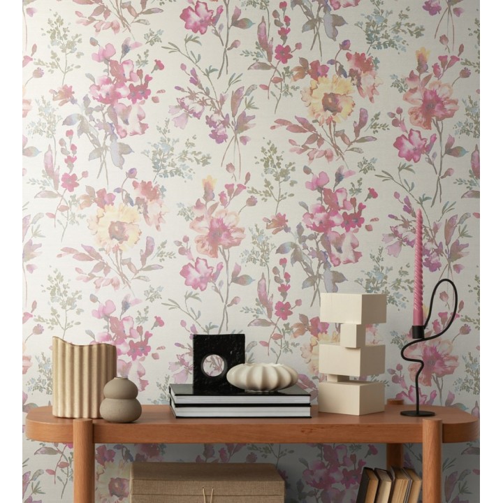 Papel pintado flores silvestres acuarela efecto textil fondo blanco - Galla Vintage 684672