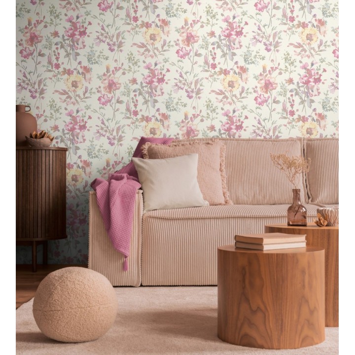 Papel pintado flores silvestres acuarela efecto textil fondo blanco - Galla Vintage 684672