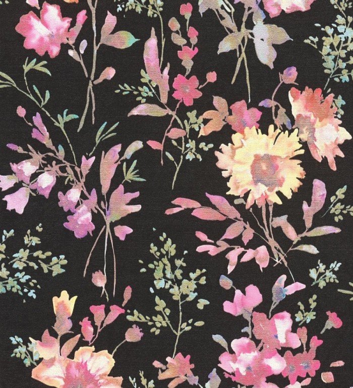 Papel pintado flores silvestres acuarela efecto textil fondo negro - Galla Vintage 684673