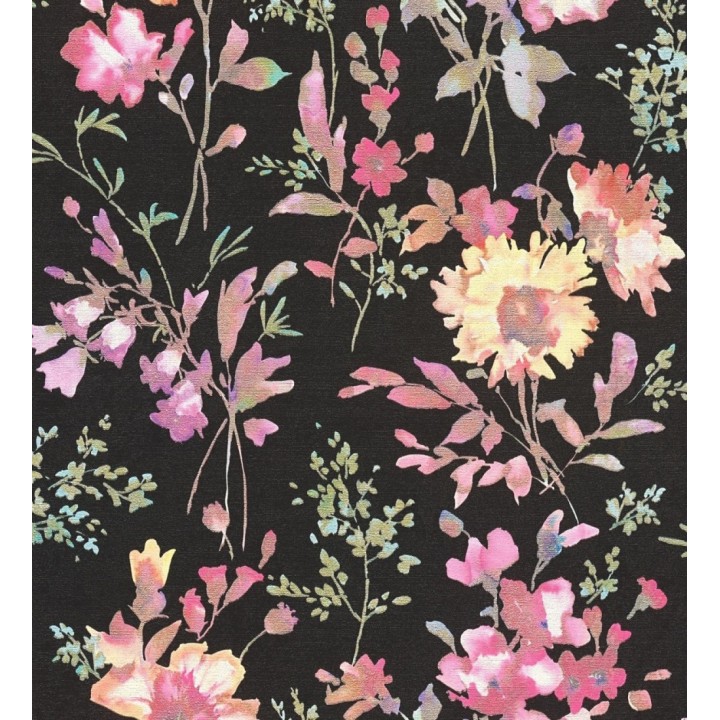 Papel pintado flores silvestres acuarela efecto textil fondo negro - Galla Vintage 684673