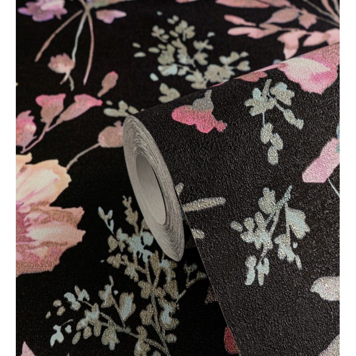 Papel pintado flores silvestres acuarela efecto textil fondo negro - Galla Vintage 684673