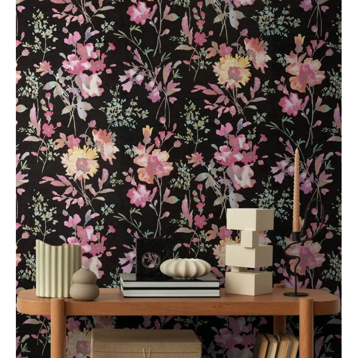 Papel pintado flores silvestres acuarela efecto textil fondo negro - Galla Vintage 684673