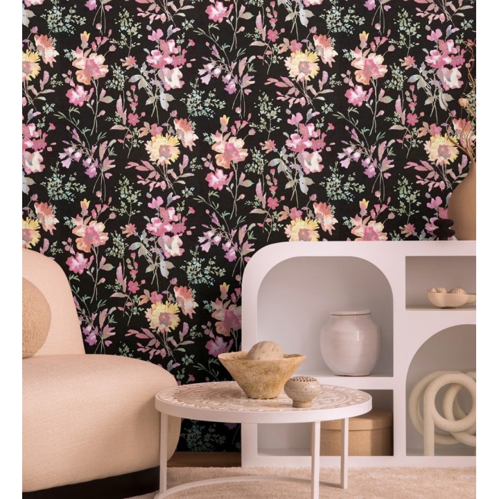 Papel pintado flores silvestres acuarela efecto textil fondo negro - Galla Vintage 684673