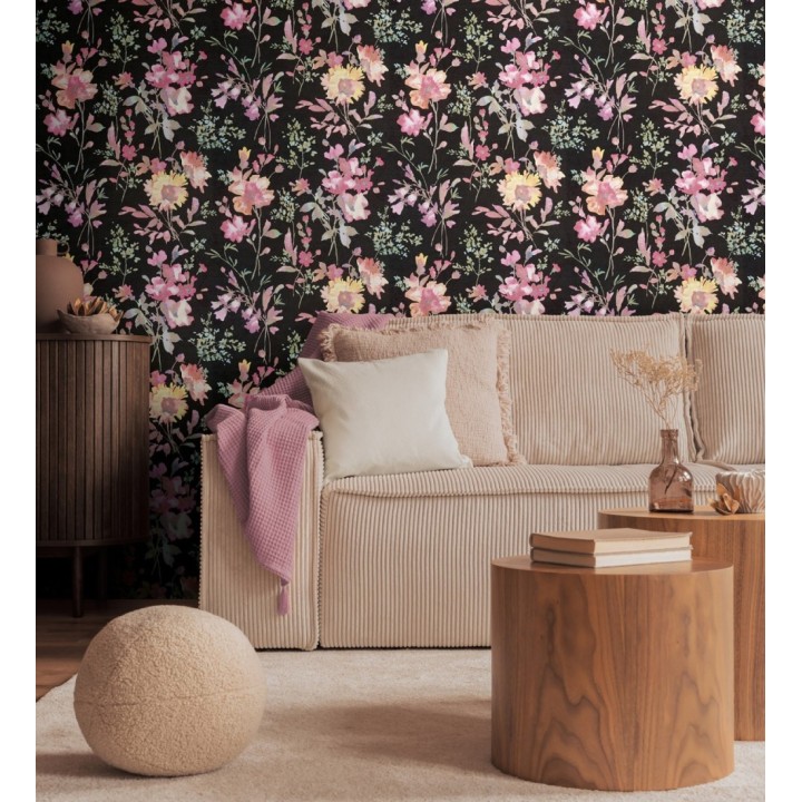 Papel pintado flores silvestres acuarela efecto textil fondo negro - Galla Vintage 684673