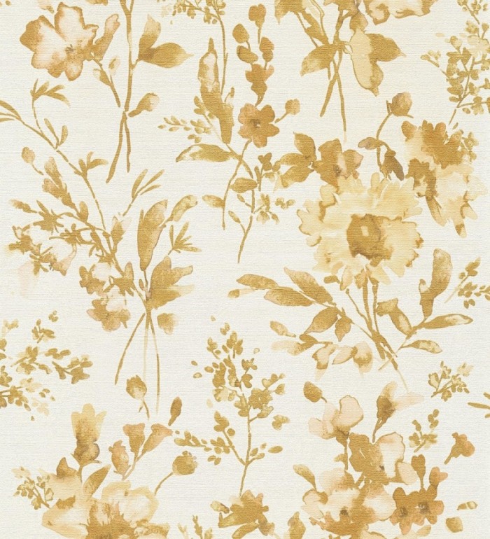 Papel pintado flores silvestres acuarela efecto textil fondo amarillo pálido - Galla Vintage 684675