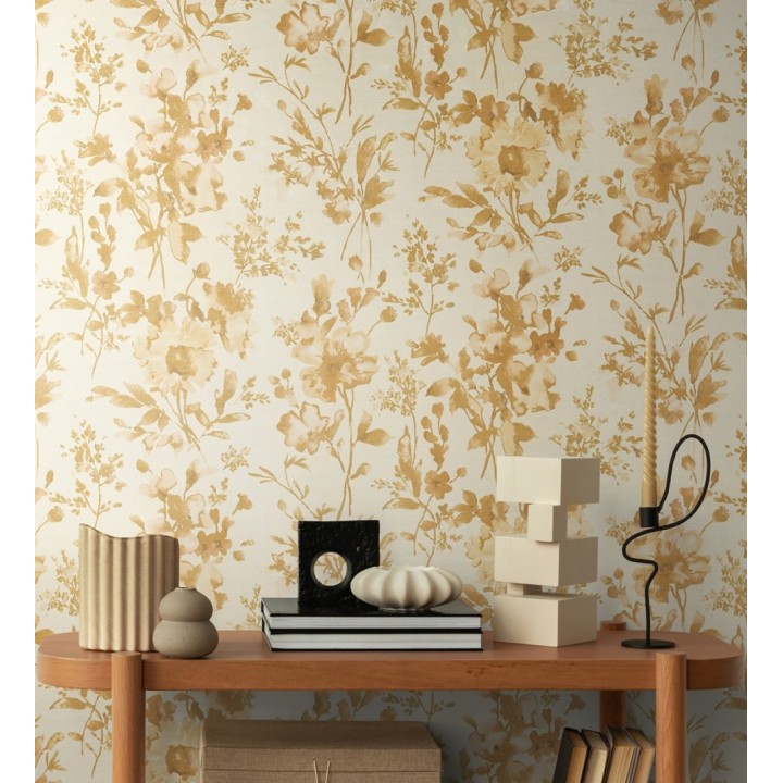 Papel pintado flores silvestres acuarela efecto textil fondo amarillo pálido - Galla Vintage 684675
