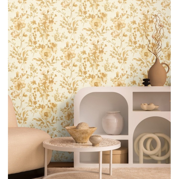 Papel pintado flores silvestres acuarela efecto textil fondo amarillo pálido - Galla Vintage 684675