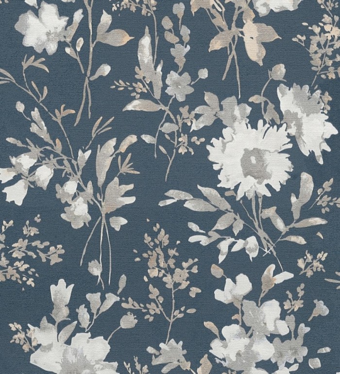 Papel pintado flores silvestres acuarela efecto textil fondo azul noche - Galla Vintage 684676