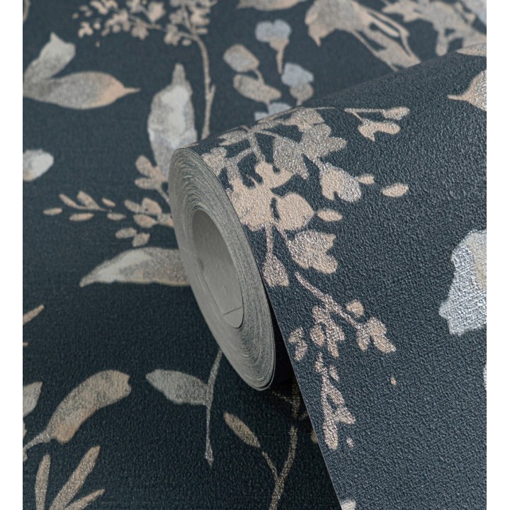 Papel pintado flores silvestres acuarela efecto textil fondo azul noche - Galla Vintage 684676