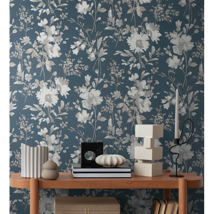Papel pintado flores silvestres acuarela efecto textil fondo azul noche - Galla Vintage 684676