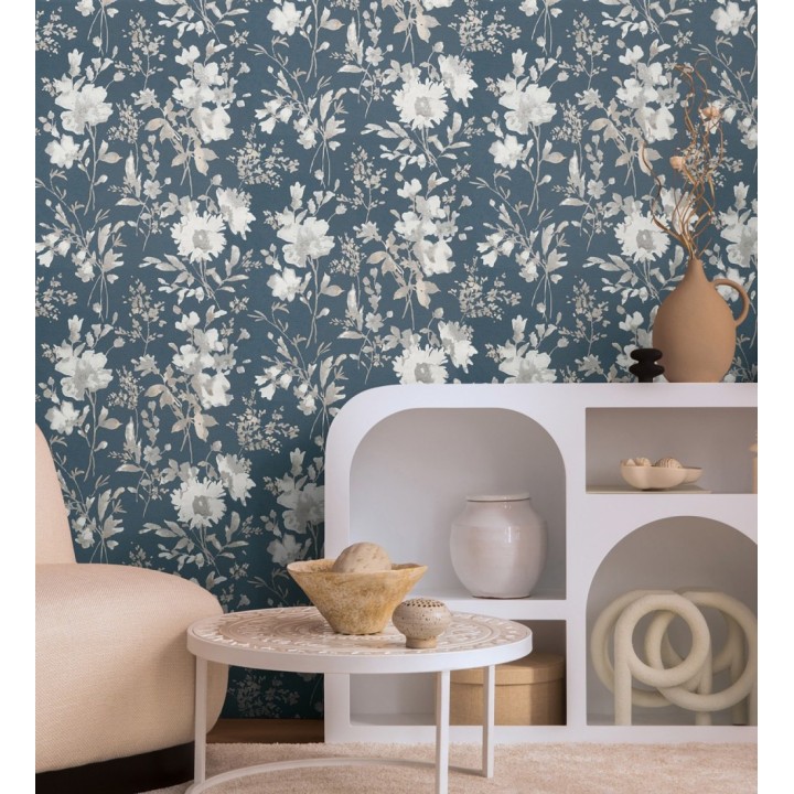 Papel pintado flores silvestres acuarela efecto textil fondo azul noche - Galla Vintage 684676