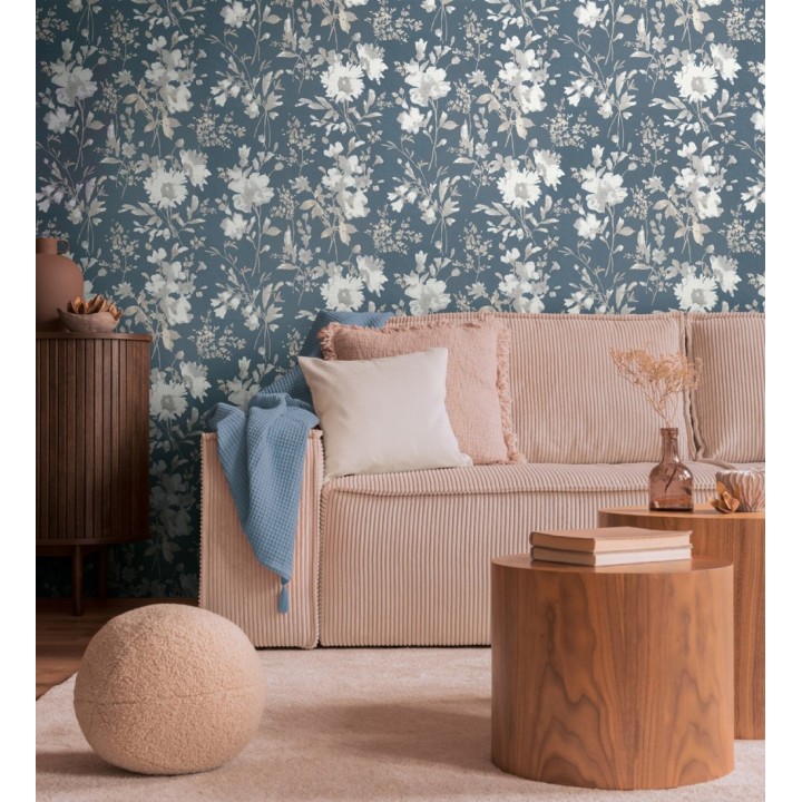 Papel pintado flores silvestres acuarela efecto textil fondo azul noche - Galla Vintage 684676