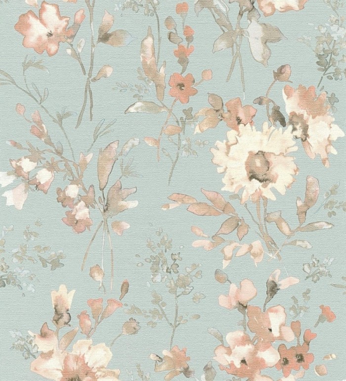 Papel pintado flores silvestres acuarela efecto textil fondo verde agua - Galla Vintage 684677
