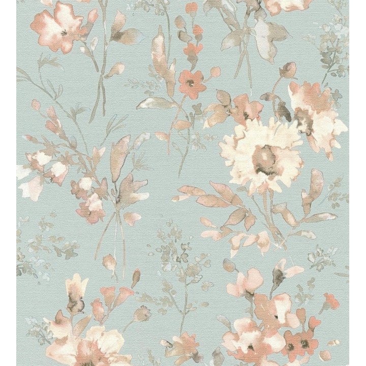 Papel pintado flores silvestres acuarela efecto textil fondo verde agua - Galla Vintage 684677