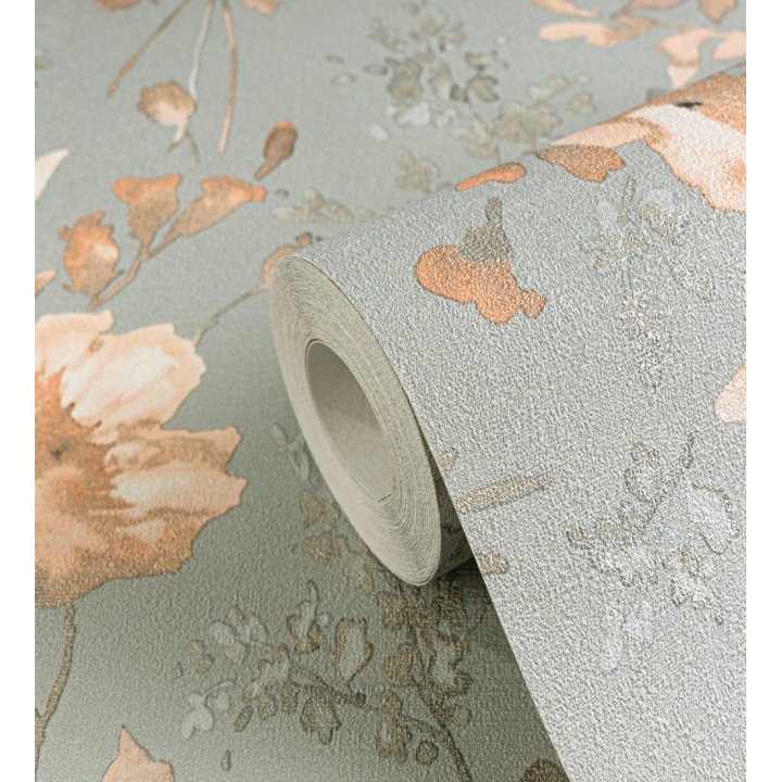 Papel pintado flores silvestres acuarela efecto textil fondo verde agua - Galla Vintage 684677