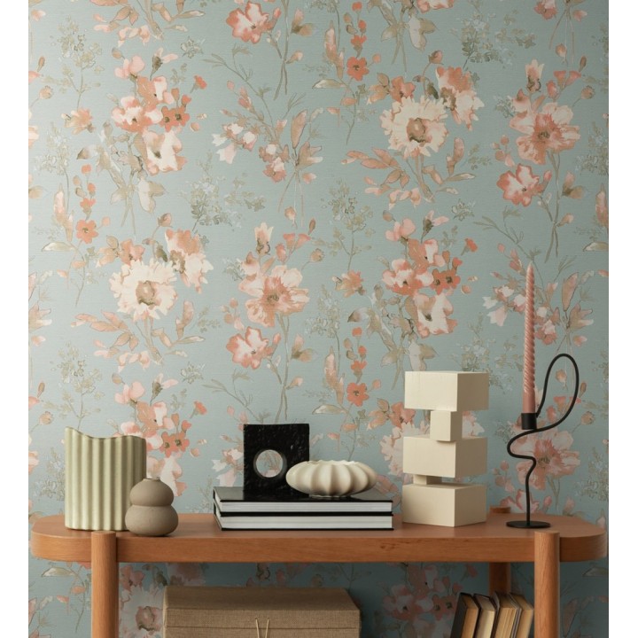 Papel pintado flores silvestres acuarela efecto textil fondo verde agua - Galla Vintage 684677