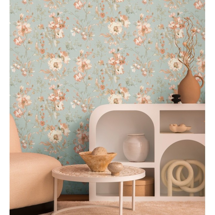 Papel pintado flores silvestres acuarela efecto textil fondo verde agua - Galla Vintage 684677