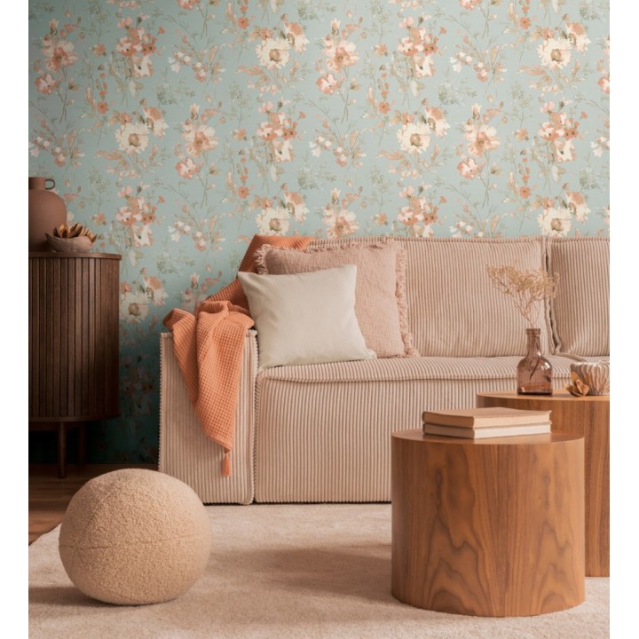 Papel pintado flores silvestres acuarela efecto textil fondo verde agua - Galla Vintage 684677