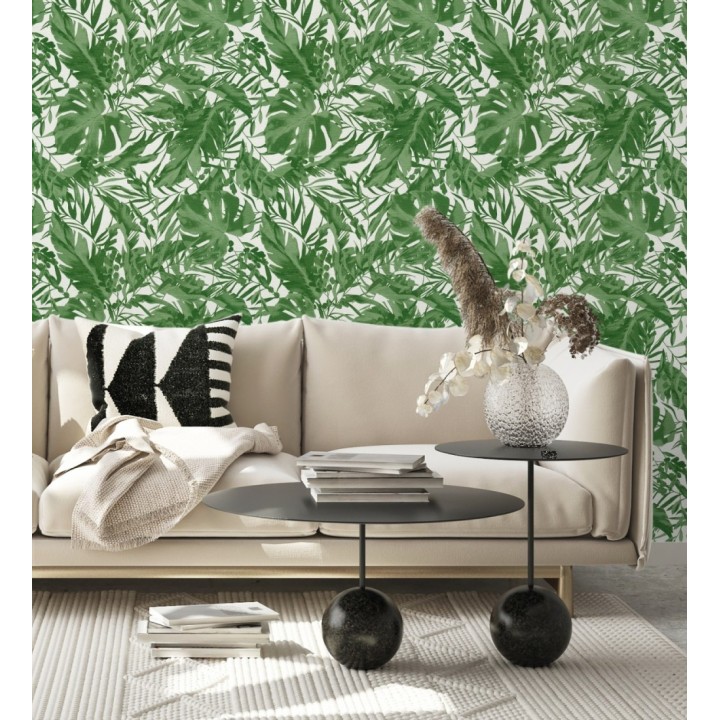 Papel pintado selva verde fondo texturizado blanco - Dorian Jungle 684687