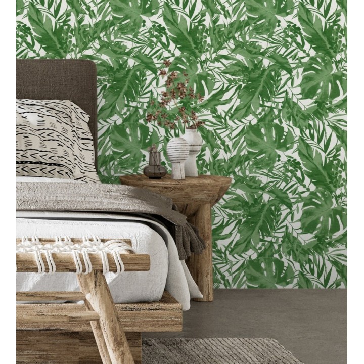 Papel pintado selva verde fondo texturizado blanco - Dorian Jungle 684687