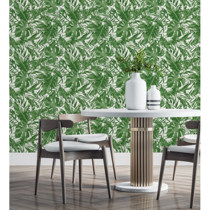 Papel pintado selva verde fondo texturizado blanco - Dorian Jungle 684687