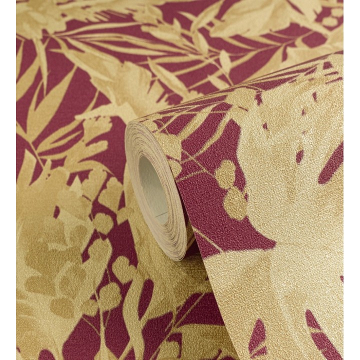 Papel pintado selva dorada fondo texturizado rojo burdeos - Dorian Jungle 684688