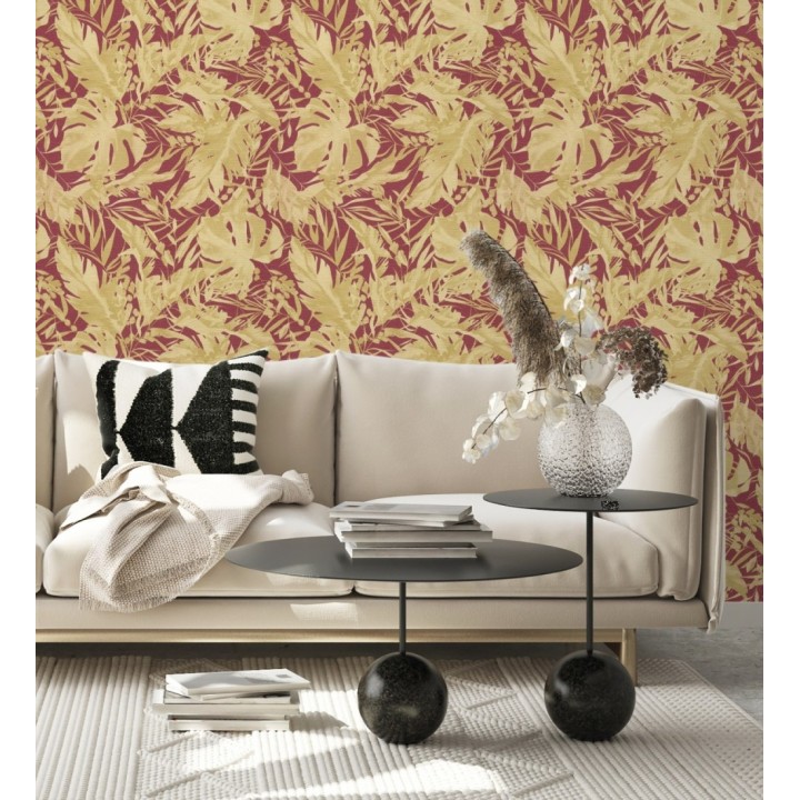 Papel pintado selva dorada fondo texturizado rojo burdeos - Dorian Jungle 684688