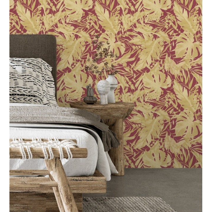 Papel pintado selva dorada fondo texturizado rojo burdeos - Dorian Jungle 684688