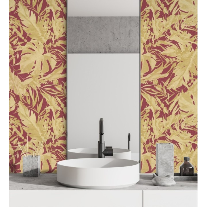 Papel pintado selva dorada fondo texturizado rojo burdeos - Dorian Jungle 684688