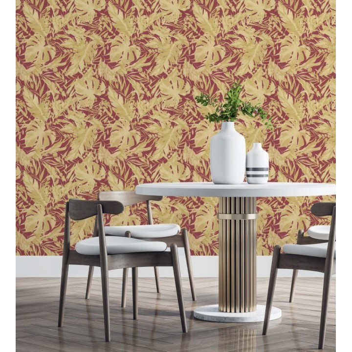 Papel pintado selva dorada fondo texturizado rojo burdeos - Dorian Jungle 684688