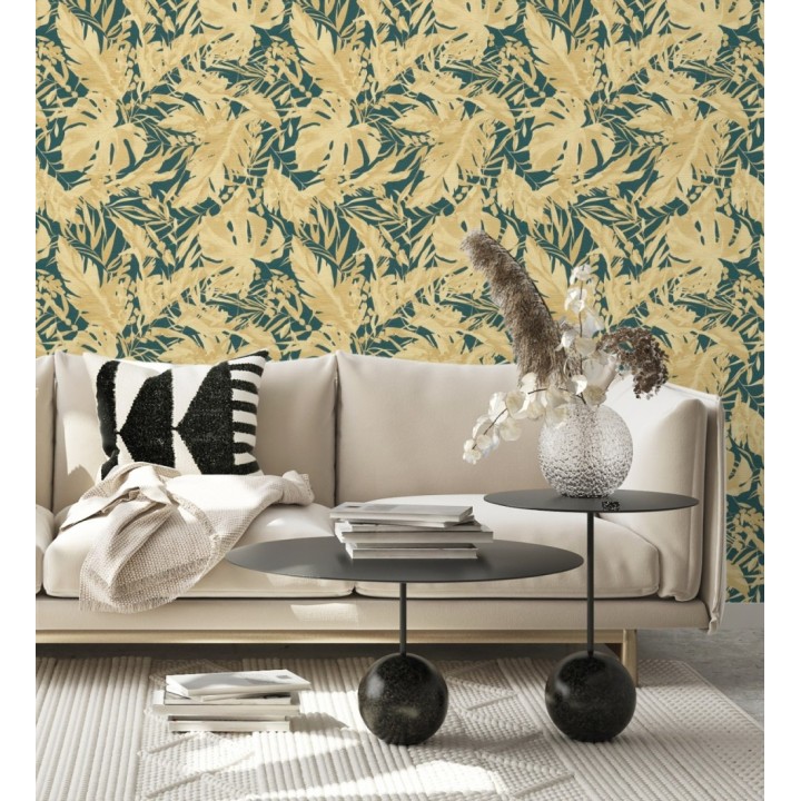 Papel pintado selva dorada fondo texturizado verde esmeralda - Dorian Jungle 684689