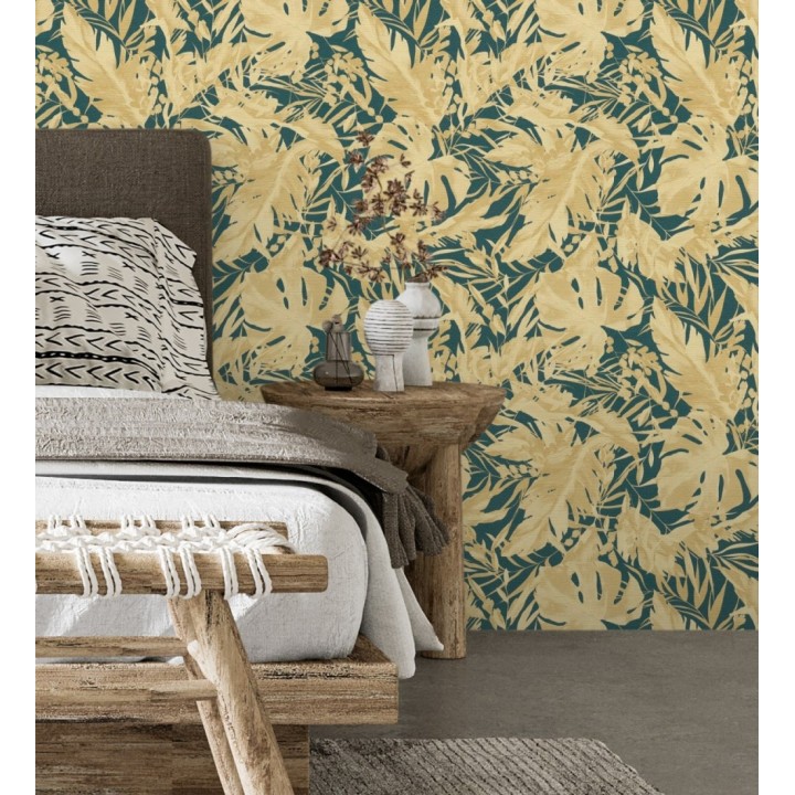 Papel pintado selva dorada fondo texturizado verde esmeralda - Dorian Jungle 684689