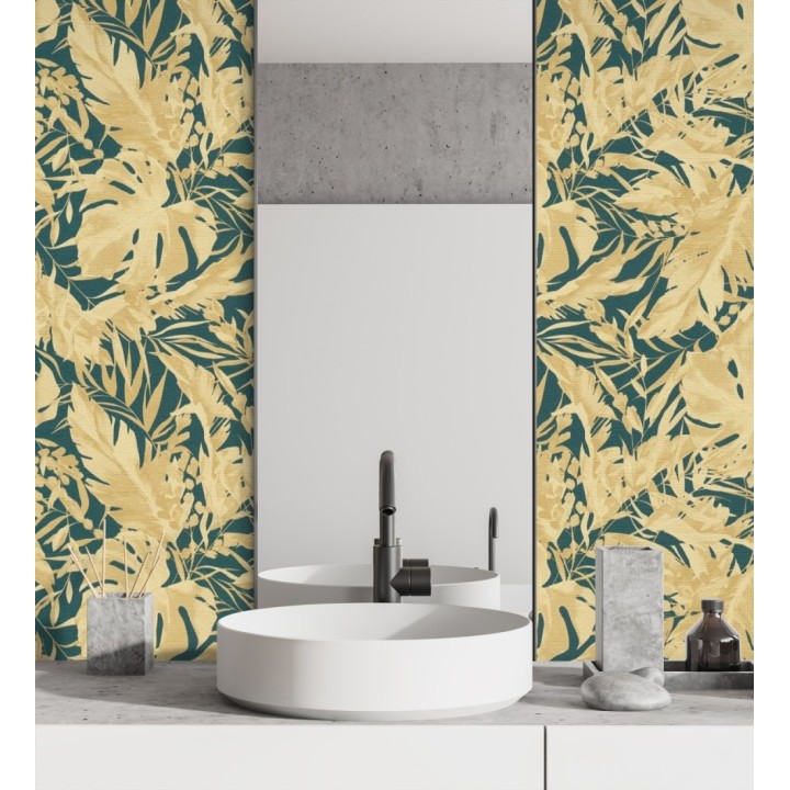 Papel pintado selva dorada fondo texturizado verde esmeralda - Dorian Jungle 684689