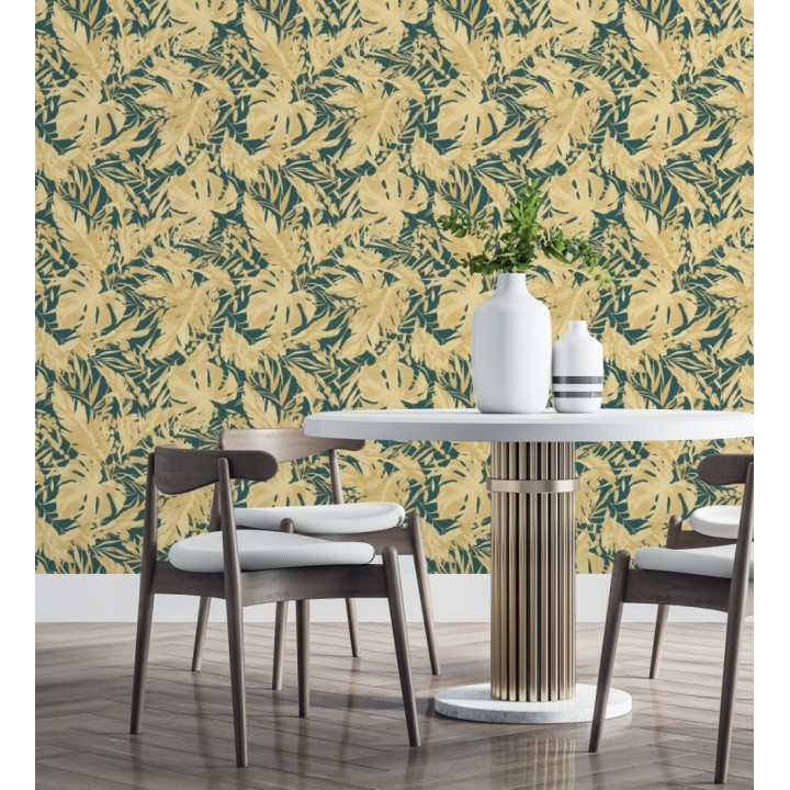 Papel pintado selva dorada fondo texturizado verde esmeralda - Dorian Jungle 684689