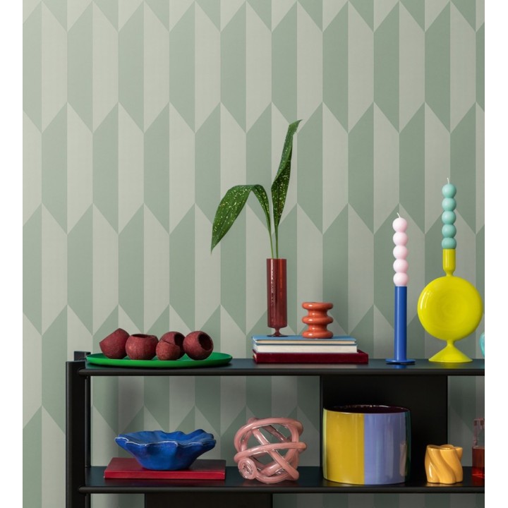 Papel pintado geométrico de prismas metalizados color verde salvia - Rhine Metric 684698