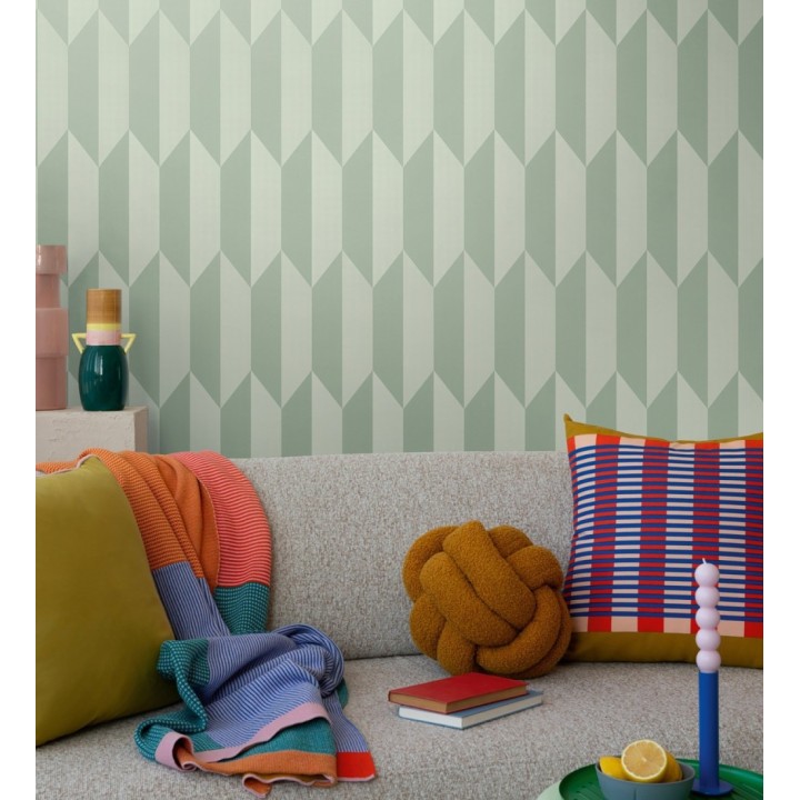 Papel pintado geométrico de prismas metalizados color verde salvia - Rhine Metric 684698