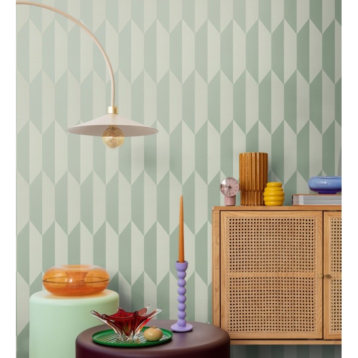 Papel pintado geométrico de prismas metalizados color verde salvia - Rhine Metric 684698