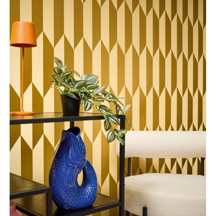 Papel pintado geométrico de prismas metalizados color dorado - Rhine Metric 684700