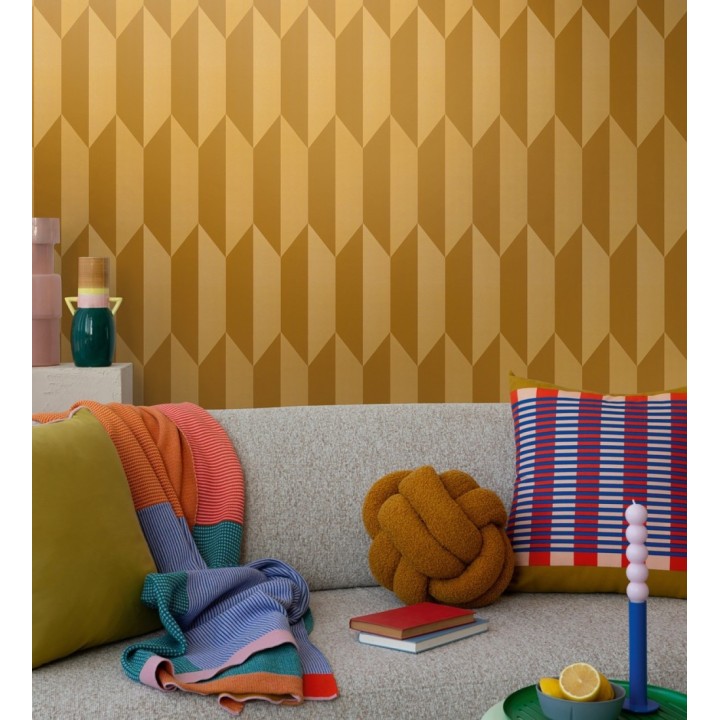 Papel pintado geométrico de prismas metalizados color dorado - Rhine Metric 684700