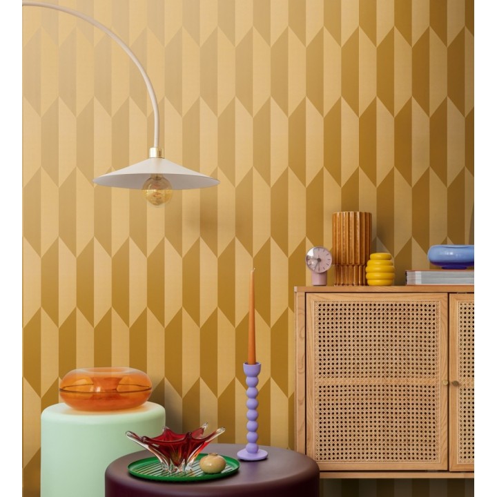 Papel pintado geométrico de prismas metalizados color dorado - Rhine Metric 684700