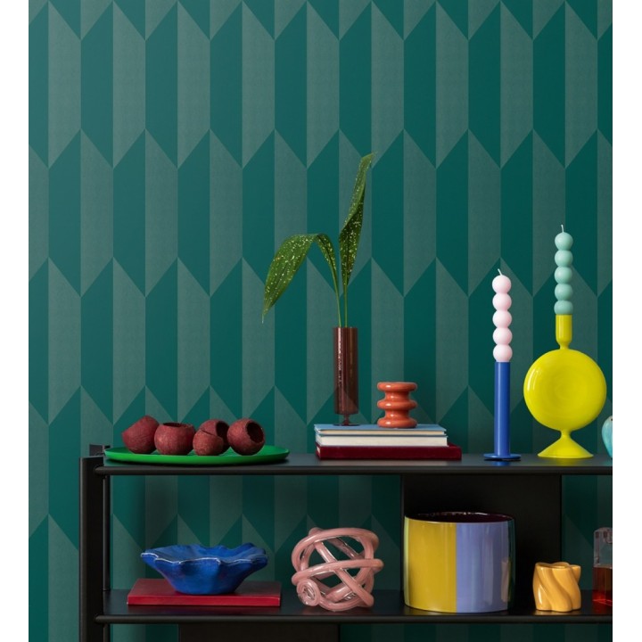 Papel pintado geométrico de prismas metalizados color verde esmeralda - Rhine Metric 684701