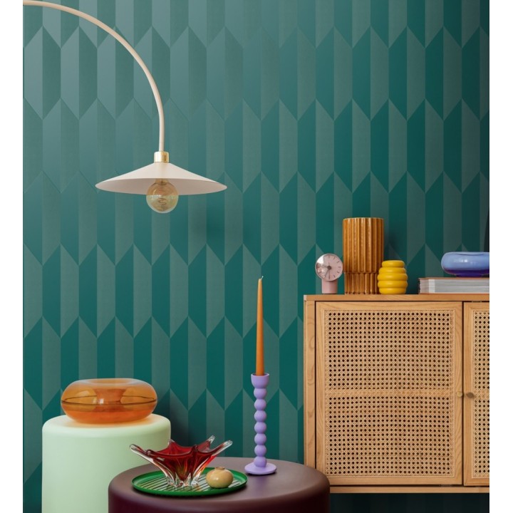 Papel pintado geométrico de prismas metalizados color verde esmeralda - Rhine Metric 684701