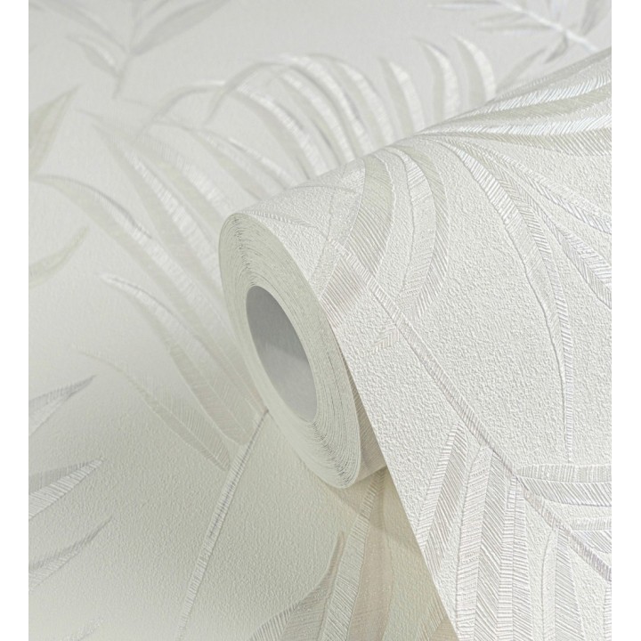 Papel pintado de hojas bordadas sobre fondo texturado en blanco roto - Selene Ethereal 684703