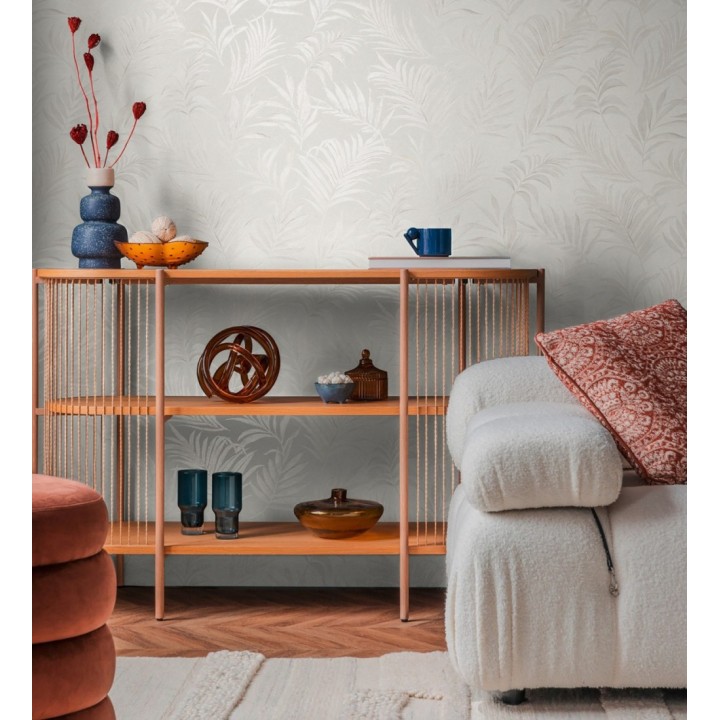 Papel pintado de hojas bordadas sobre fondo texturado en blanco roto - Selene Ethereal 684703